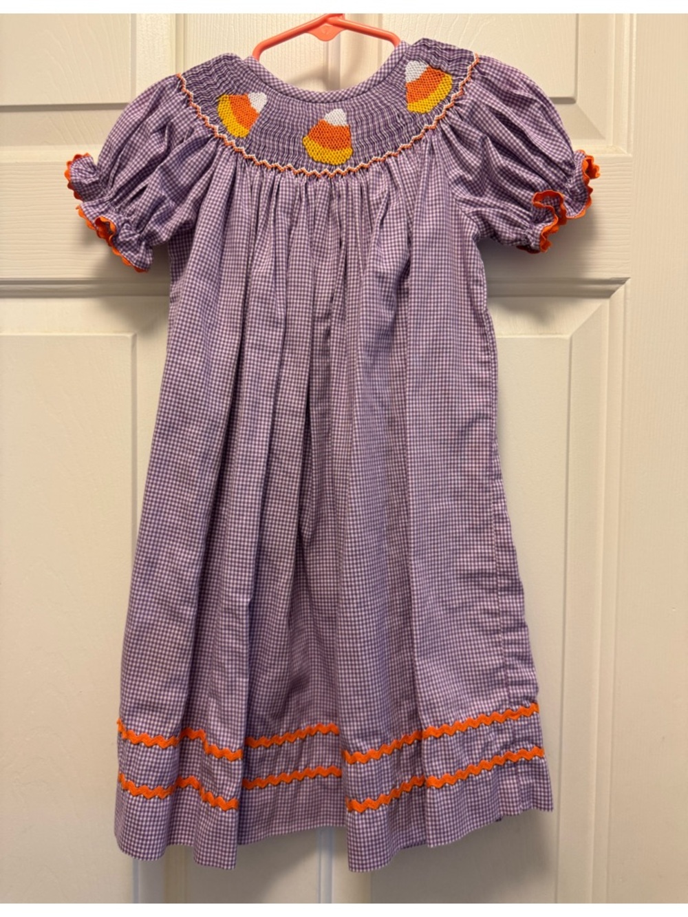 Classic Whimsy Purple Gingham Smocked Candy Corn Girls Dress